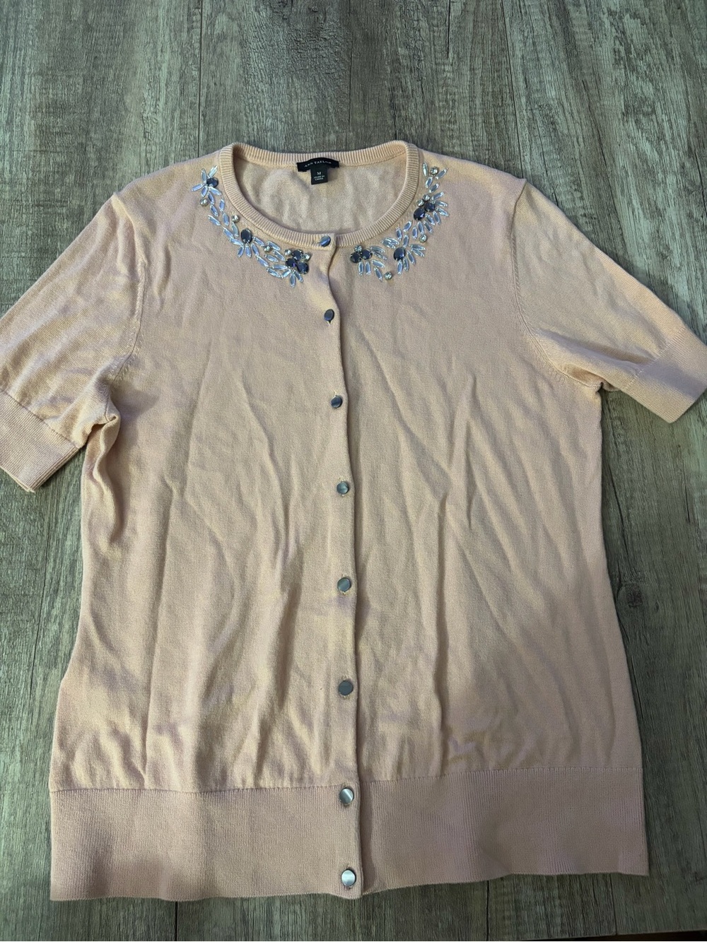 Ann Taylor Peach Short-Sleeve Embellished Cardigan